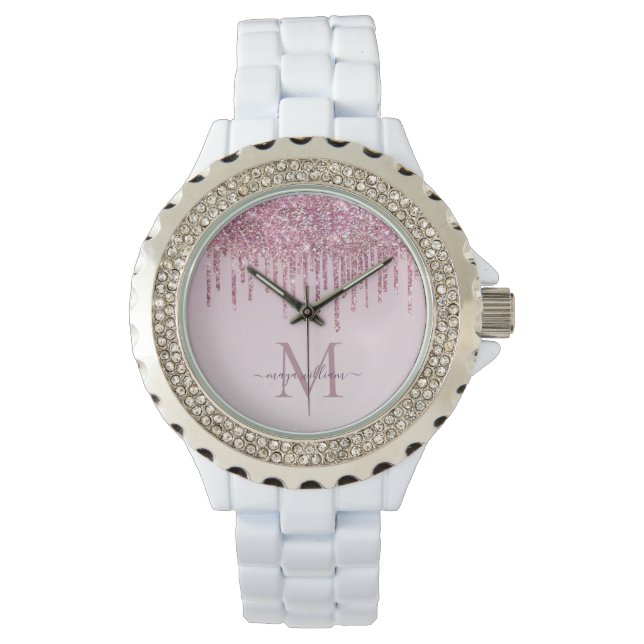 Rose Glitter Drips Personlig Monogram Och Namn Armbandsur (Framsida)