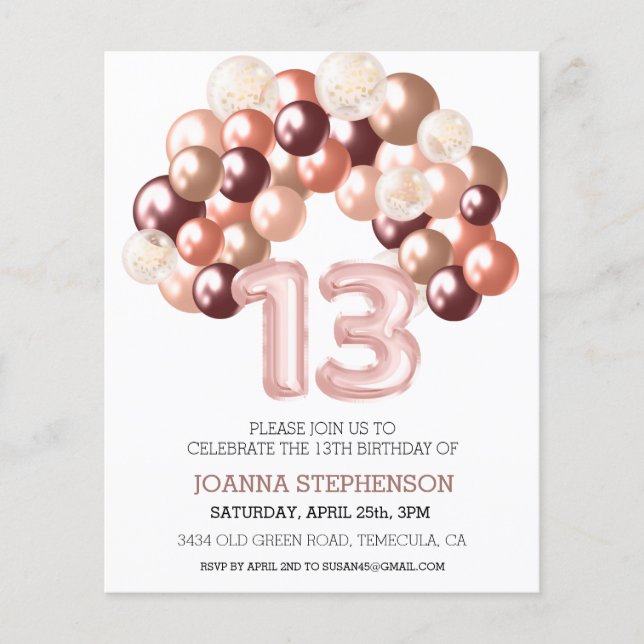 Rose Gold 13:e Tredje Budget Ballongbåge Nummer (Framsida)