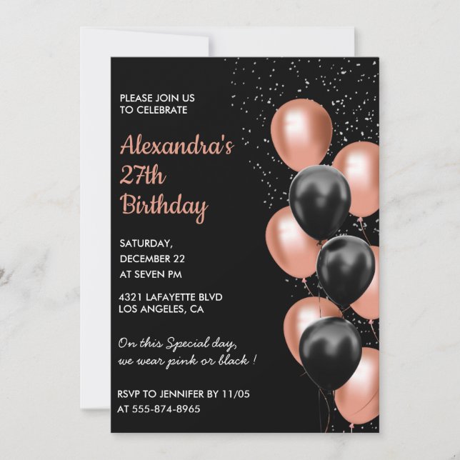 Rose gold 27th birthday invitation Balloon Black Inbjudningar (Framsida)