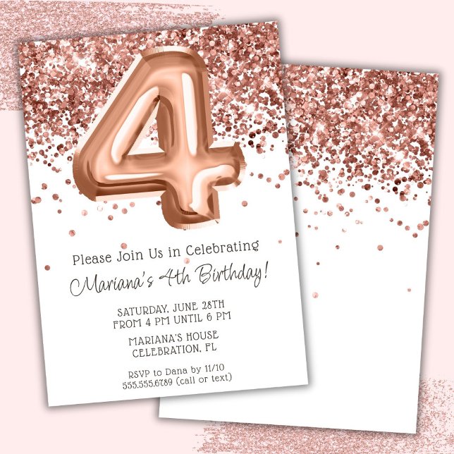 Rose Gold 4-års födelsedagsinbjudan Inbjudningar (Skapare uppladdad)