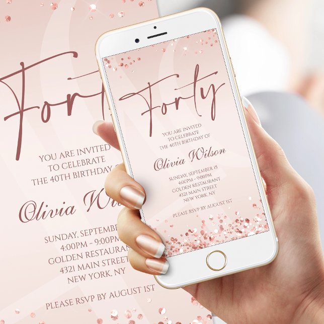 Rose Gold 50-års födelsedags mobil inbjudan Femtio (Elegant Pink Rose Gold 40th Birthday Mobile Invitation)