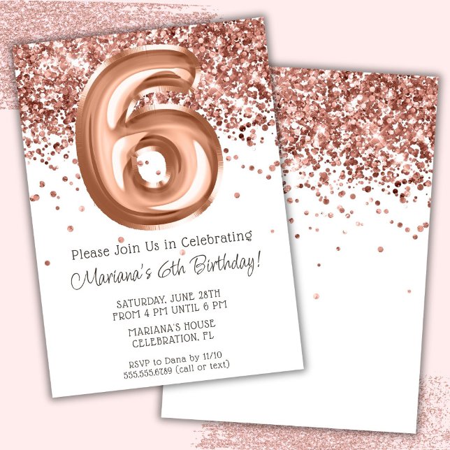 Rose Gold 6-års födelsedagsinbjudan Inbjudningar (Skapare uppladdad)