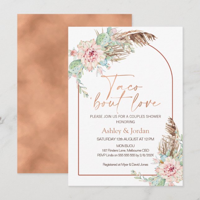 Rose Gold Arch Taco 'bout Love Boho Par Bröllopsfe Inbjudningar (Fram/baksida)