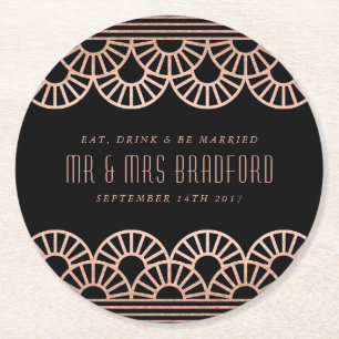 Rose Gold Art Deco Fläkt Bröllops Coasters Underlägg Papper Rund