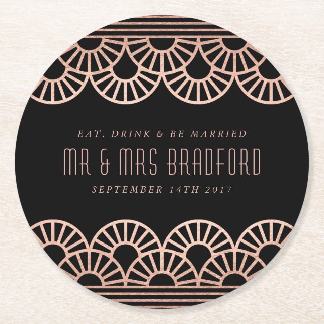 Rose Gold Art Deco Fläkt Bröllops Coasters Underlägg Papper Rund (Framsidan)
