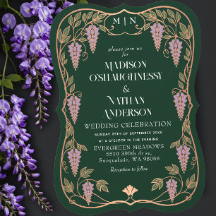 Rose Gold Art Nouveau Lila Wisteria Bröllop Inbjudningar