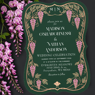 Rose Gold Art Nouveau Rosa Wisteria Bröllop Inbjudningar