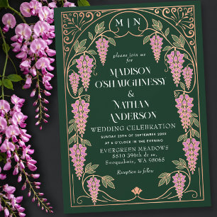 Rose Gold Art Nouveau Rosa Wisteria Bröllop Inbjudningar
