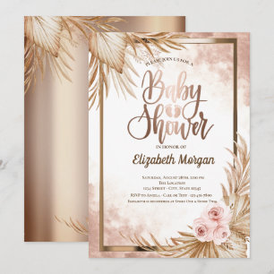 Rose Gold Baby Feet Pampas Rosor Baby Shower Inbjudningar