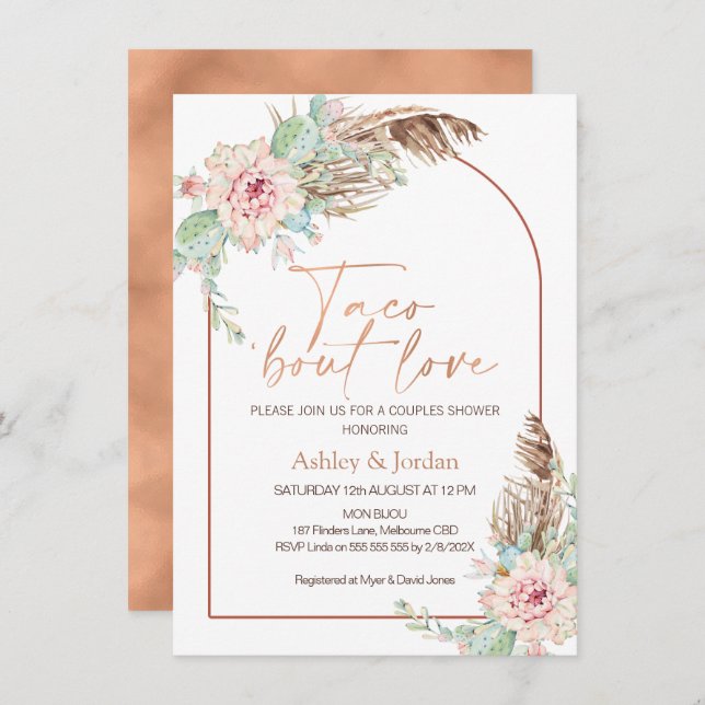 Rose Gold Båge Taco 'bout Love Boho Parbröllop Inbjudningar (Fram/baksida)
