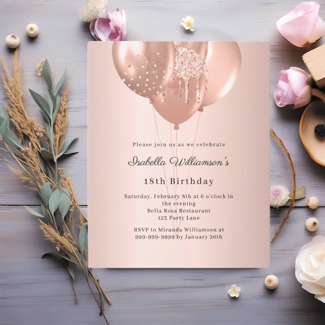 Rose gold balloons birthday invitation (Skapare uppladdad)