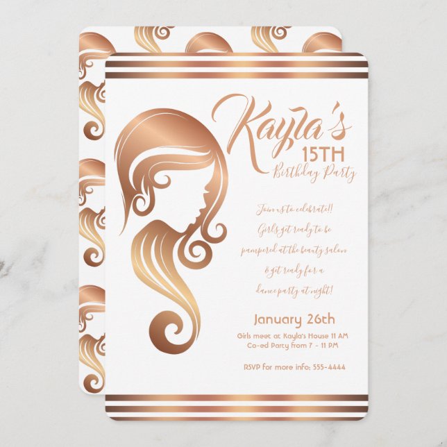 Rose Gold Beauty Girl Hår & Makeup Salong Party Inbjudningar (Fram/baksida)