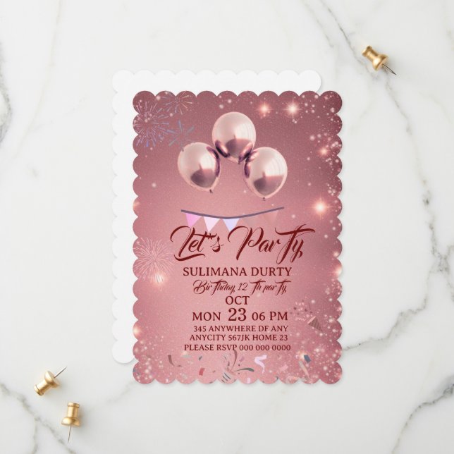 Rose Gold Birthday Invitation Template: Let's Part Spara Datumet (Fram/Back In Situ)