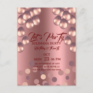Rose Gold Birthday Invitation Template: Let's Part Vykort