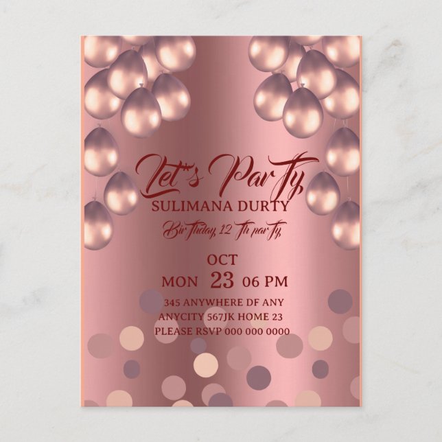 Rose Gold Birthday Invitation Template: Let's Part Vykort (Framsida)
