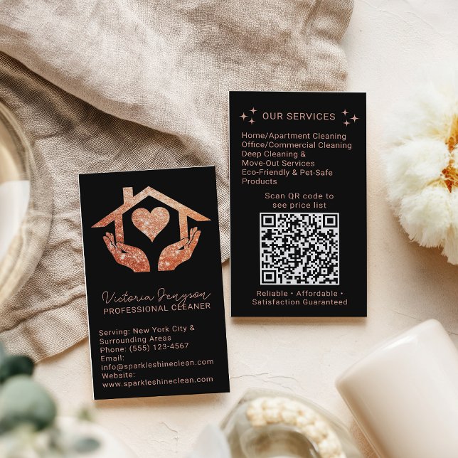 Rose Gold Black Cleaning Service Maid QR Logo Visitkort (Rose Gold Black Cleaning Service Maid QR Logo Business Card)