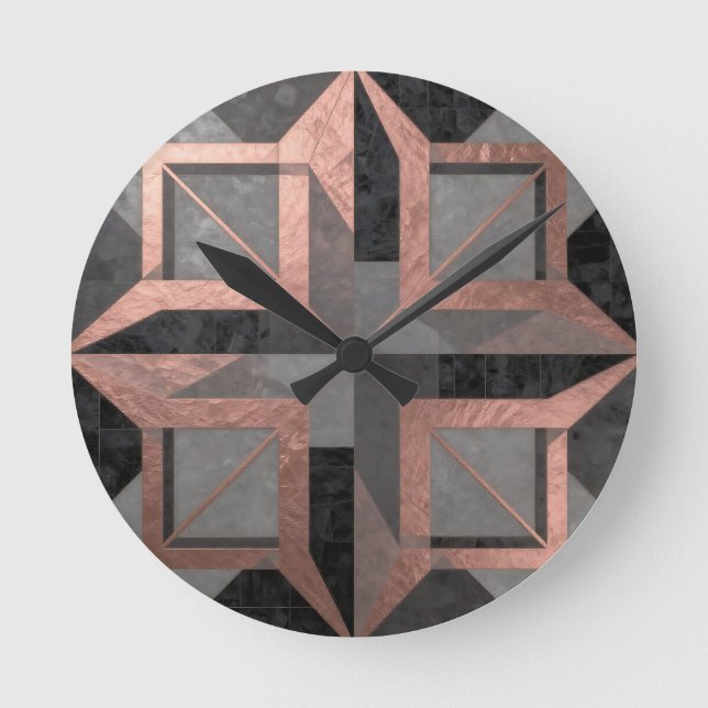 Rose Gold Black Geometric Marble Rund Klocka (Framsida)