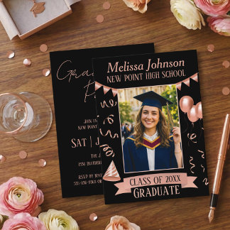 Rose Gold & Black Grad Party Photo Invitation Inbjudningar