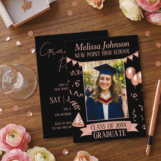 Rose Gold & Black Grad Party Photo Invitation Inbjudningar (Skapare uppladdad)