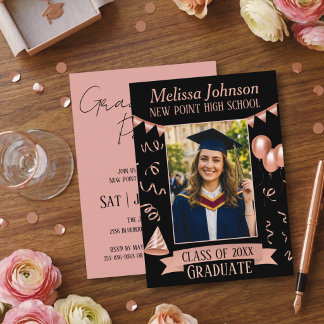 Rose Gold & Black Grad Party Photo Invitation Inbjudningar