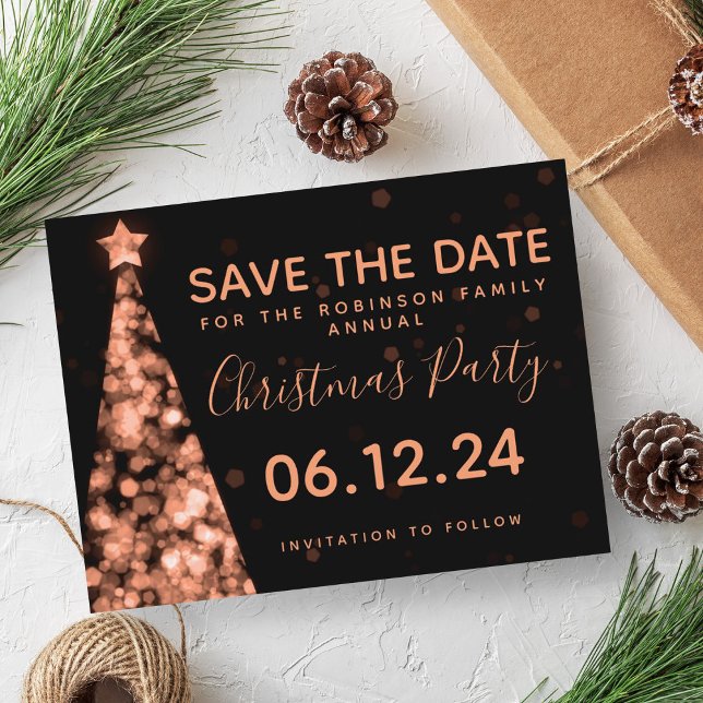 Rose Gold & Black Julfest Spara Datumet Meddelande Vykort (Rose Gold & Black Christmas Party Save The Date Announcement Postcard)