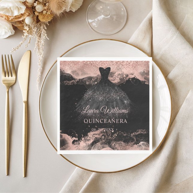Rose Gold & Black Princess Quinceañera  Pappersservett (Rose Gold Princess Quinceañera Birthday Napkins)