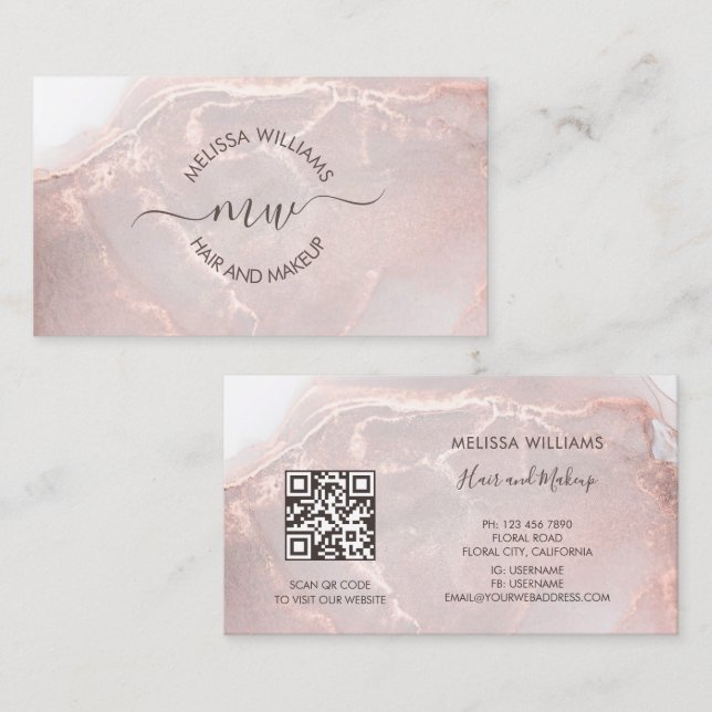 Rose Gold  Bläckmarmor | QR-kod Visitkort (Fram/baksida)