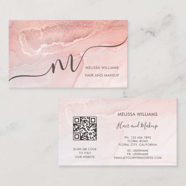 Rose Gold  Bläckmarmor | QR-kod Visitkort (Fram/baksida)