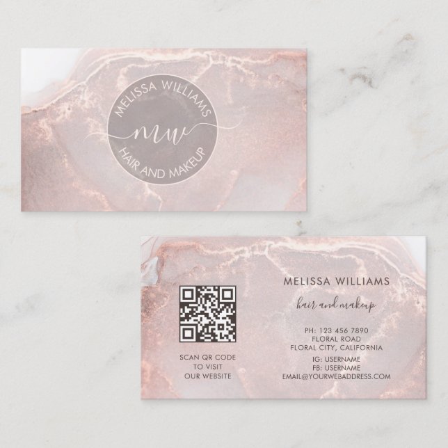 Rose Gold  Bläckmarmor | QR-kod Visitkort (Fram/baksida)