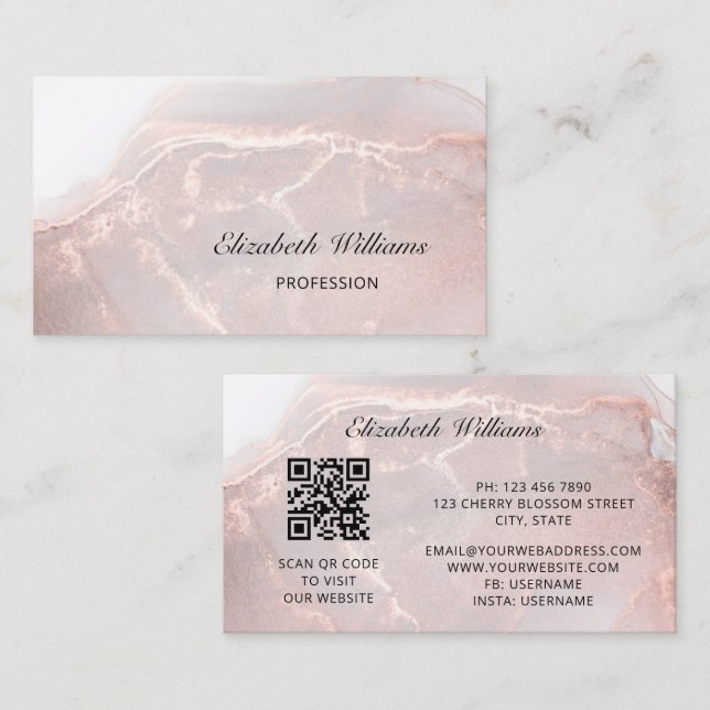 Rose Gold  Bläcksten Marble | QR-kod Visitkort (Fram/baksida)
