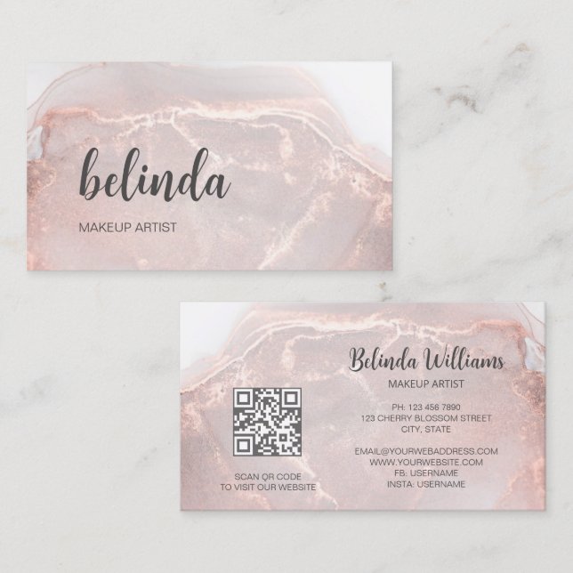 Rose Gold  Bläckstensmarmor | QR-kod Visitkort (Fram/baksida)