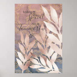 'Rose Gold' bladflikar på rosa/blå vågor med citat Poster