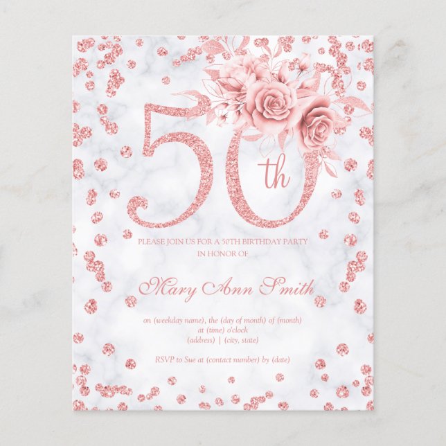 Rose Gold Blommig 50-årsdag Marmor Inbjudan  Flygblad (Framsidan)