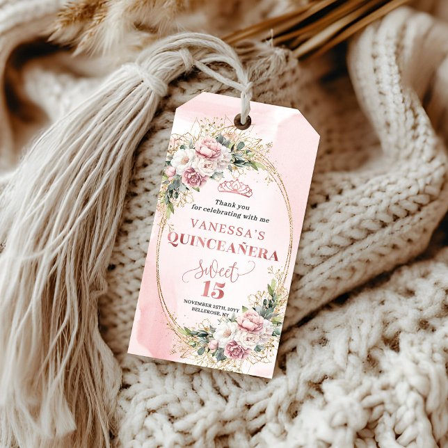 Rose Gold Blommig Boho Presentkort för Sweet 15 Presentetikett (Rose Gold Floral Boho Gift Tag for Sweet 15)