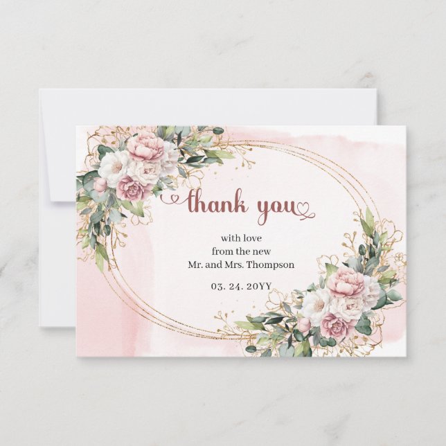 Rose Gold Blommig Eucalyptus Elegant Bröllop   Tack Kort (Framsida)