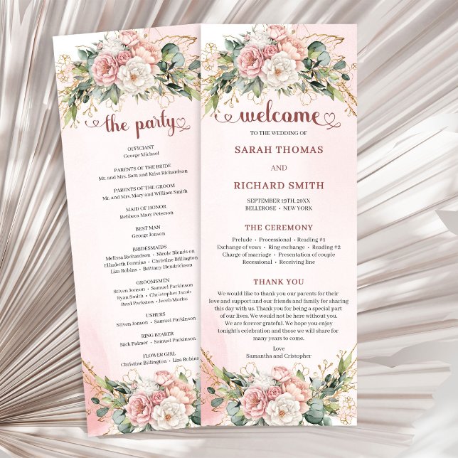 Rose Gold Blommig Eukalyptus Elegant Bröllopsagend Program (Elegant Rose Gold Floral Eucalyptus Wedding Program)