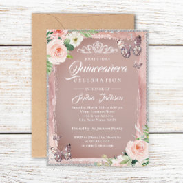 Rose Gold Blommig Fjäril Glitter Quinceanera Inbjudningar