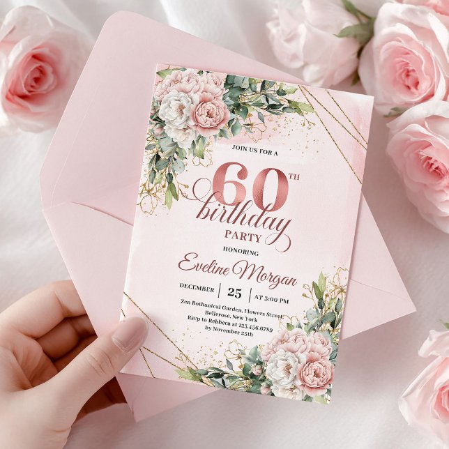 Rose Gold Blommig Guld Ram 60-års Födelsedagsinbju Inbjudningar (Rose Gold Floral Gold Frame 60th Birthday Invitation)