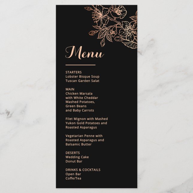 Rose Gold Blommig Linje Konst Svart Bröllop Meny (Framsida)