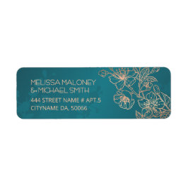 Rose Gold Blommig Linje Konst Teal Bröllop Returadress Etikett