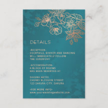 Rose Gold Blommig Linje Konst Teal Bröllop