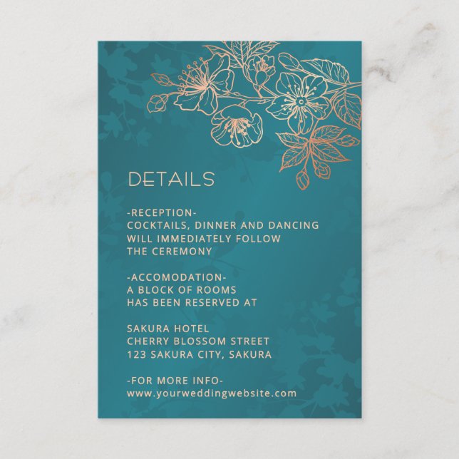Rose Gold Blommig Linje Konst Teal Bröllop Tilläggskort (Framsida)