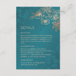 Rose Gold Blommig Linje Konst Teal Bröllop Tilläggskort