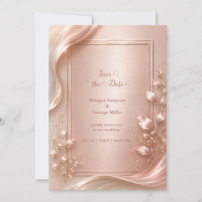 Rose Gold Blommig Lyx Bröllop metallisk Glans Inbjudningar (Framsida)