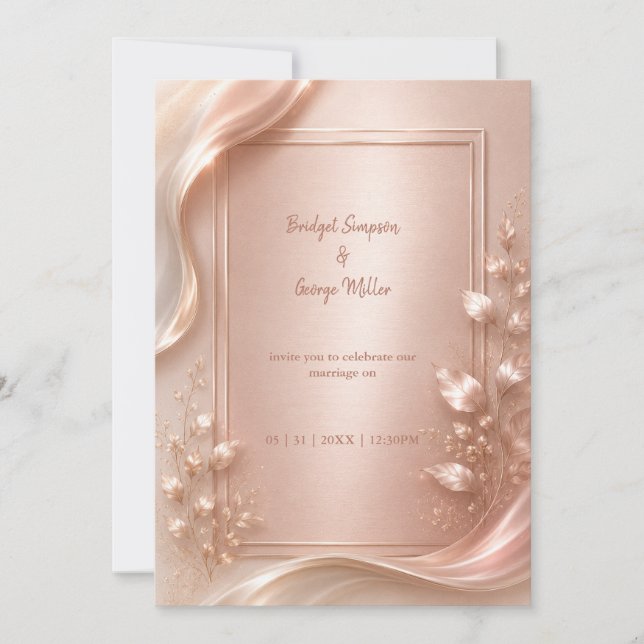 Rose Gold Blommig Lyx Bröllop metallisk Glans Inbjudningar (Framsida)