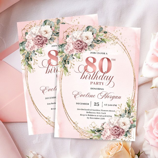 Rose Gold Blommor 80-års Födelsedagsinbjudan Inbjudningar (Rose Gold Flowers 80th Birthday Party Invitation)