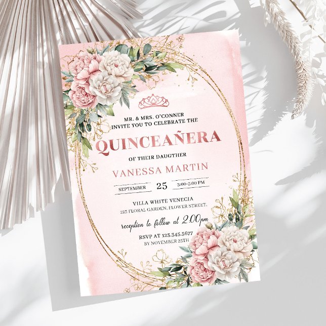 Rose Gold Blommor Grönska Quince Inbjudan (Rose Gold Flowers Greenery Quince Invitation)