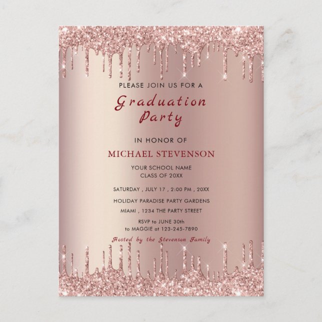 Rose Gold Blush Drar till din examensfest-inbjudan Vykort (Framsida)