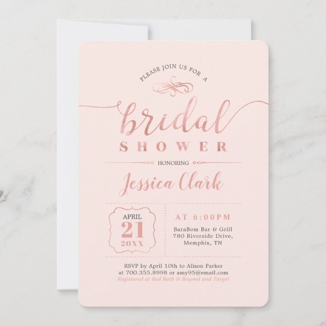 Rose Gold & Blush | Elegant bröllop brud Shower Inbjudningar (Framsida)