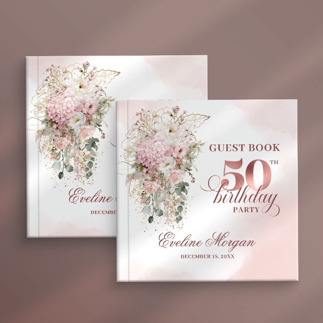 Rose Gold Blush Floral 50th Birthday Guest Book Gästböcker (Rose gold floral 50th birthday,
dusty pink blush gold glitter,
opulent Soft pastel   pink flowers, 
)